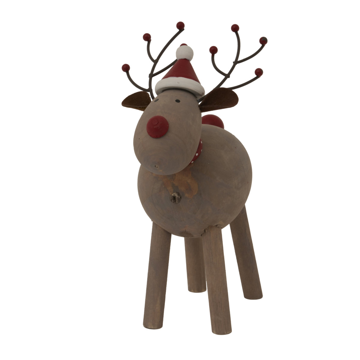 Rustic Rudolf Wooden Reindeer Christmas Decoration with Santa Hat and Antlers for Festive Room Decor