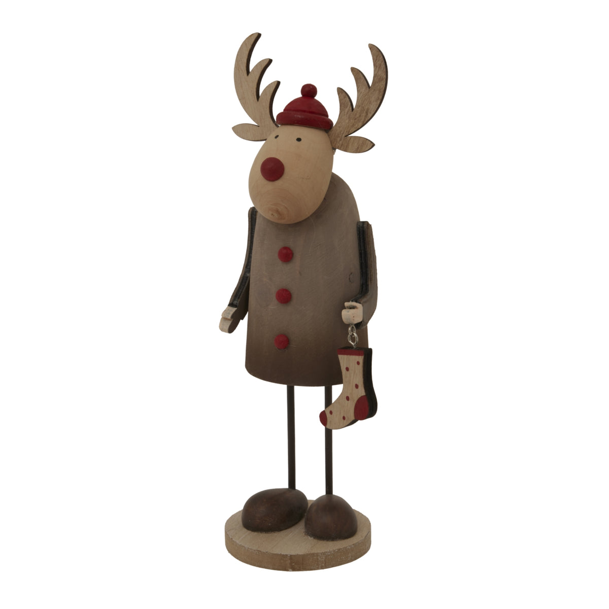 Rustic Rudolf Wooden Decoration with Red Hat and Stocking for Christmas Room Decorations