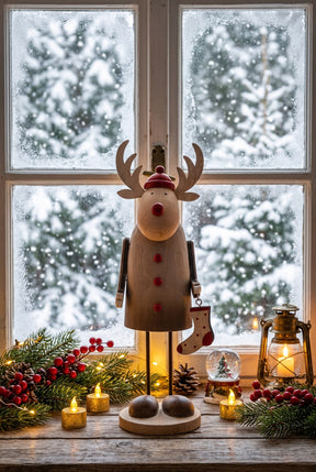 Rustic Rudolf Wooden Christmas Decoration Standing by a Snowy Window with Candles and Greenery