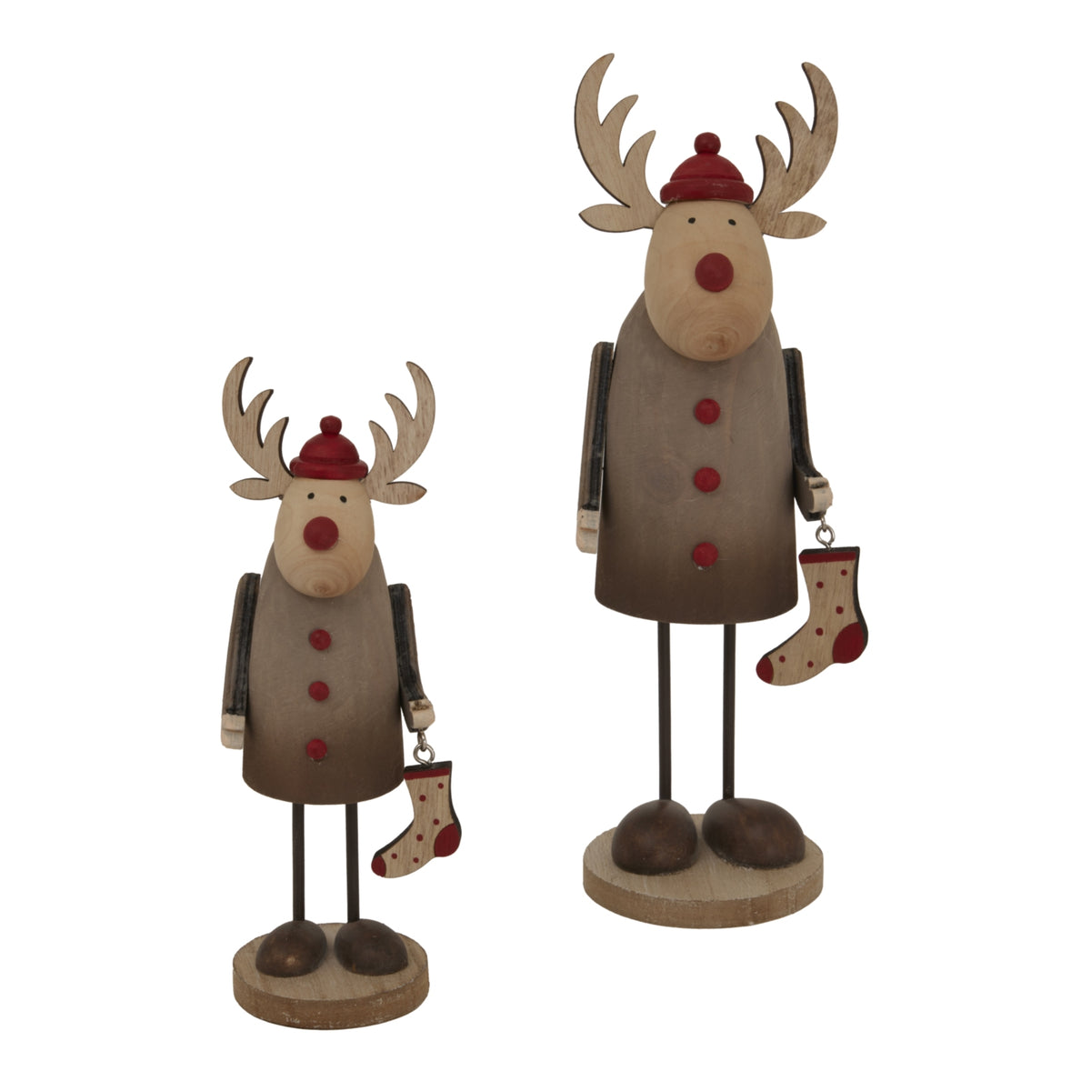 Rustic Rudolf Wooden Christmas Decor Figures with Antlers and Red Buttons for Holiday Room Decoration