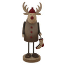 Rustic Rudolf wooden Christmas decoration holding a red stocking, perfect for festive room decor