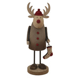 Rustic Rudolf wooden Christmas decoration holding a red stocking, perfect for festive room decor