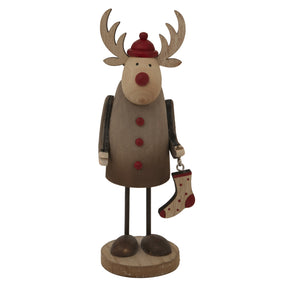 Rustic Rudolf wooden Christmas decoration holding a red stocking, perfect for festive room decor