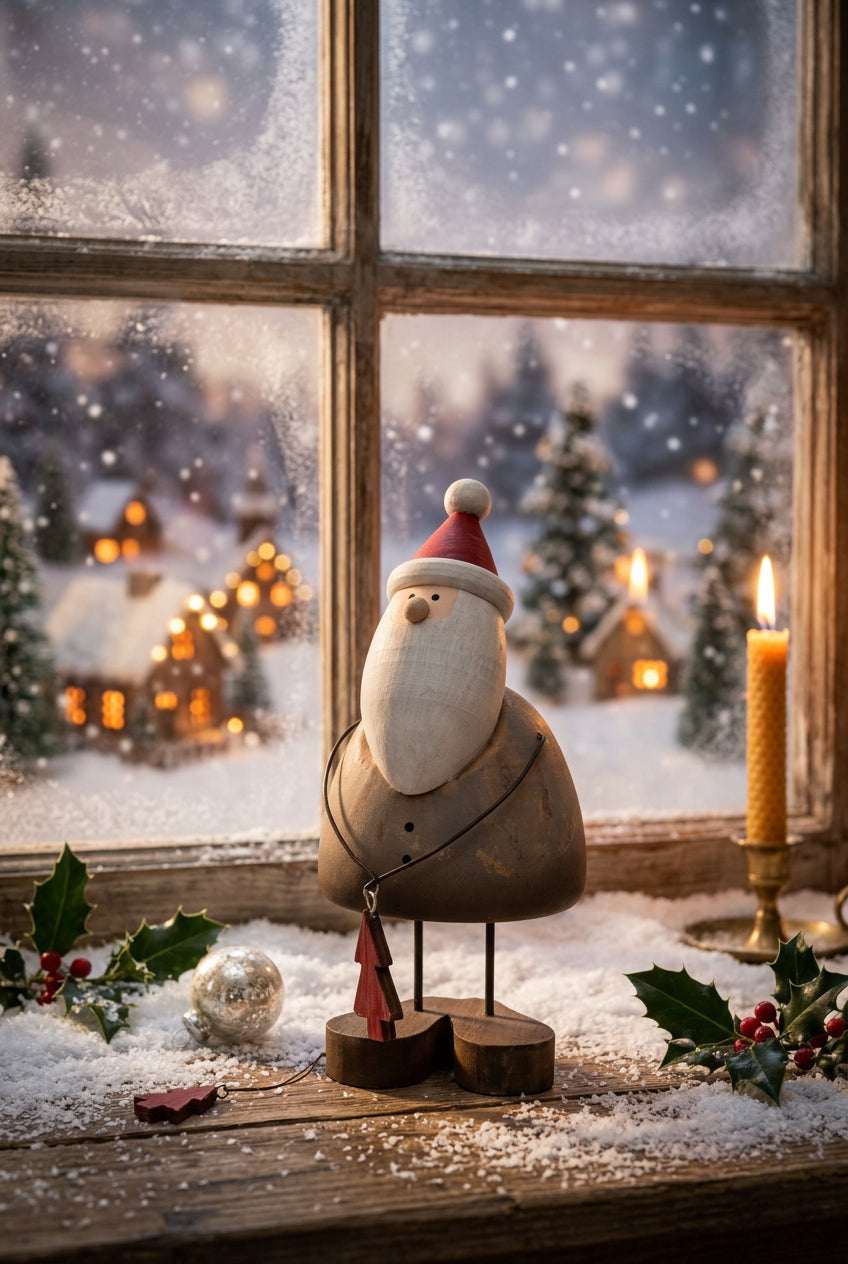 Rustic Santa figure in winter scene with candle and holly for festive Christmas room decorations