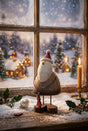 Rustic Santa figure in winter scene with candle and holly for festive Christmas room decorations