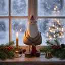 Rustic Santa decoration on a table with a candle and festive greenery for Christmas room decor