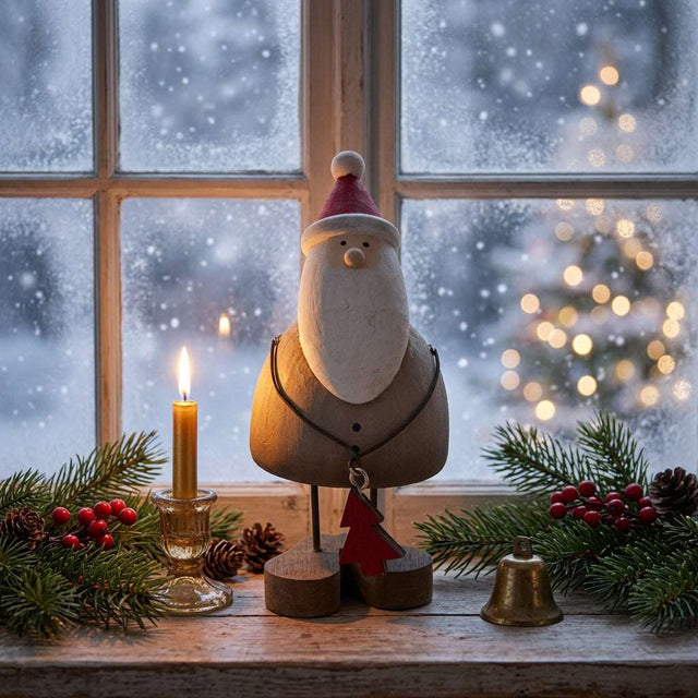 Rustic Santa decoration on a table with a candle and festive greenery for Christmas room decor