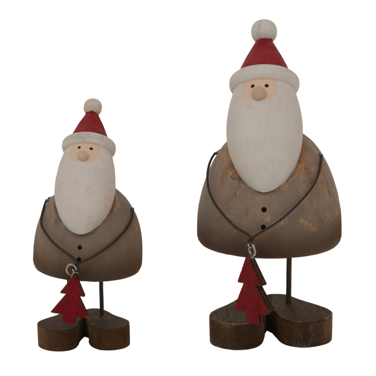 Set of two Rustic Santa decorations with wooden design and festive hats for Christmas room decor