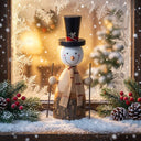 Charming rustic snowman decoration with a black top hat and scarf, perfect for Christmas room decor