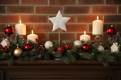 Rustic Star Christmas room decoration with candles, ornaments, and greenery on a mantelpiece