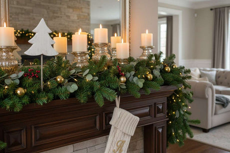 Rustic Tree Decoration on a Festive Mantel with Candles and Greenery for Christmas Room Decor