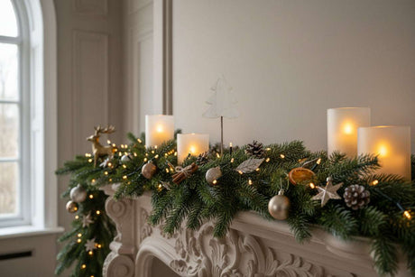 Rustic Tree Christmas room decorations with candles and festive greenery on a mantelpiece