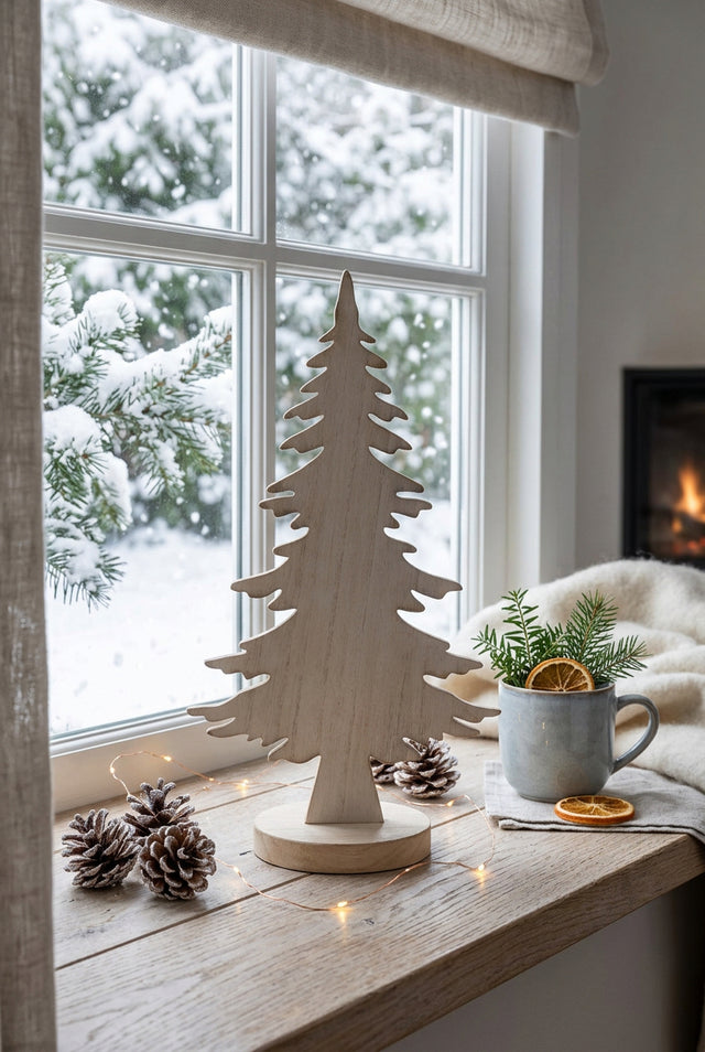 Rustic Tree decoration on a window sill with snowy backdrop and warm festive atmosphere