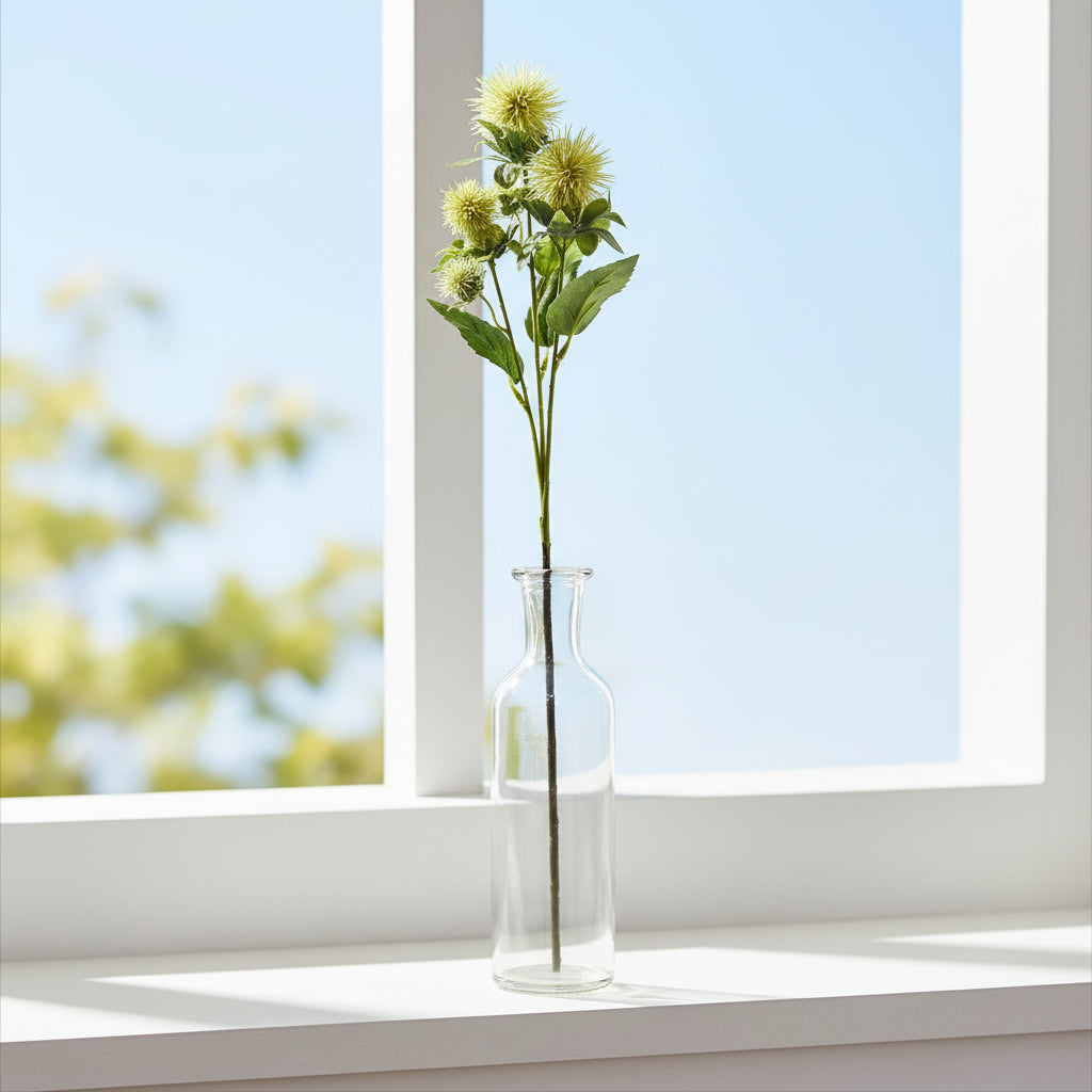 Safflower Spray in a glass vase on a windowsill, bringing a touch of greenery to the room
