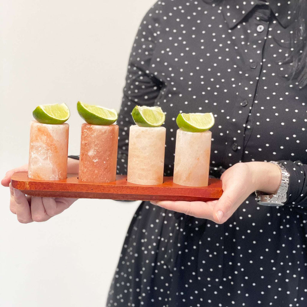 Set of 4 Himalayan Salt Shot Glasses & Wood Serving Stand Shades 4 Seasons