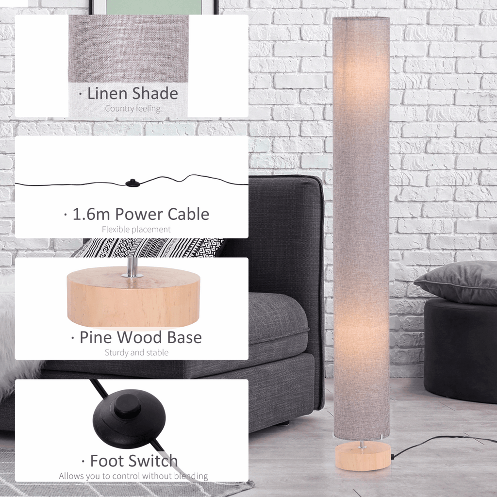 120H cm Wooden Base Floor Lamp With Linen Fabric-Grey HOMCOM