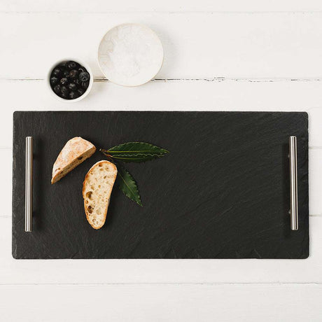 Selbrae House Slate Serving Tray with Stainless Steel Handles, styled with bread and bowls of berries and salt