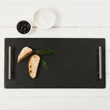 Selbrae House Slate Serving Tray with Stainless Steel Handles, styled with bread and bowls of berries and salt