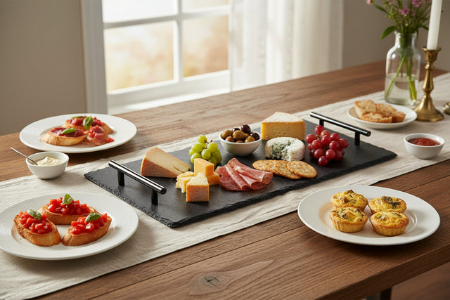 Slate Serving Tray with assorted cheeses, meats, fruits, and decorative serving plates on a wooden table