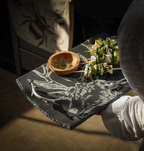 Selbrae House Serving Tray in Slate with Decorative Antler Design for Hosting and Serving Snacks