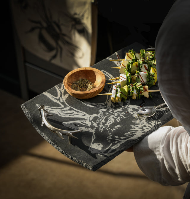Selbrae House Serving Tray in Slate with Decorative Antler Design for Hosting and Serving Snacks