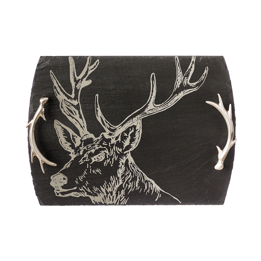 Selbrae House Serving Tray featuring a deer design with antler handles in a rustic style