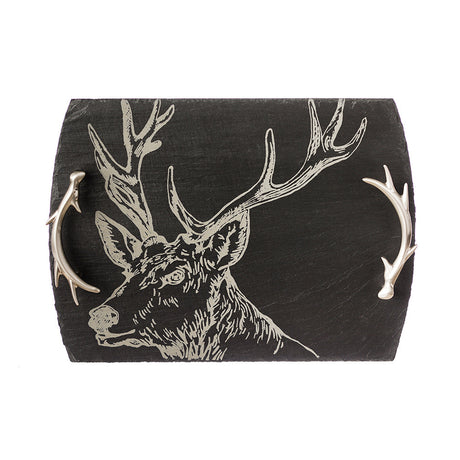 Selbrae House Serving Tray featuring a deer design with antler handles in a rustic style