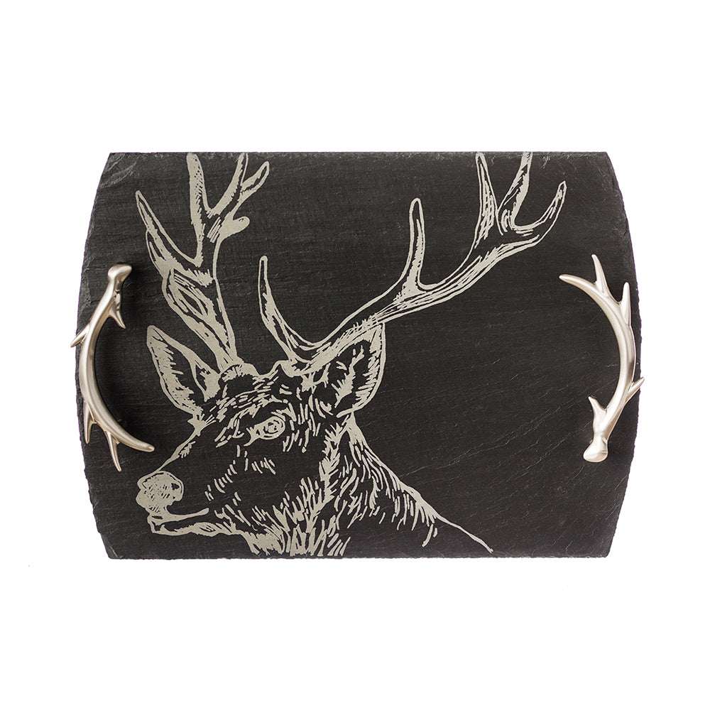 Selbrae House Serving Tray featuring a deer design with antler handles in a rustic style