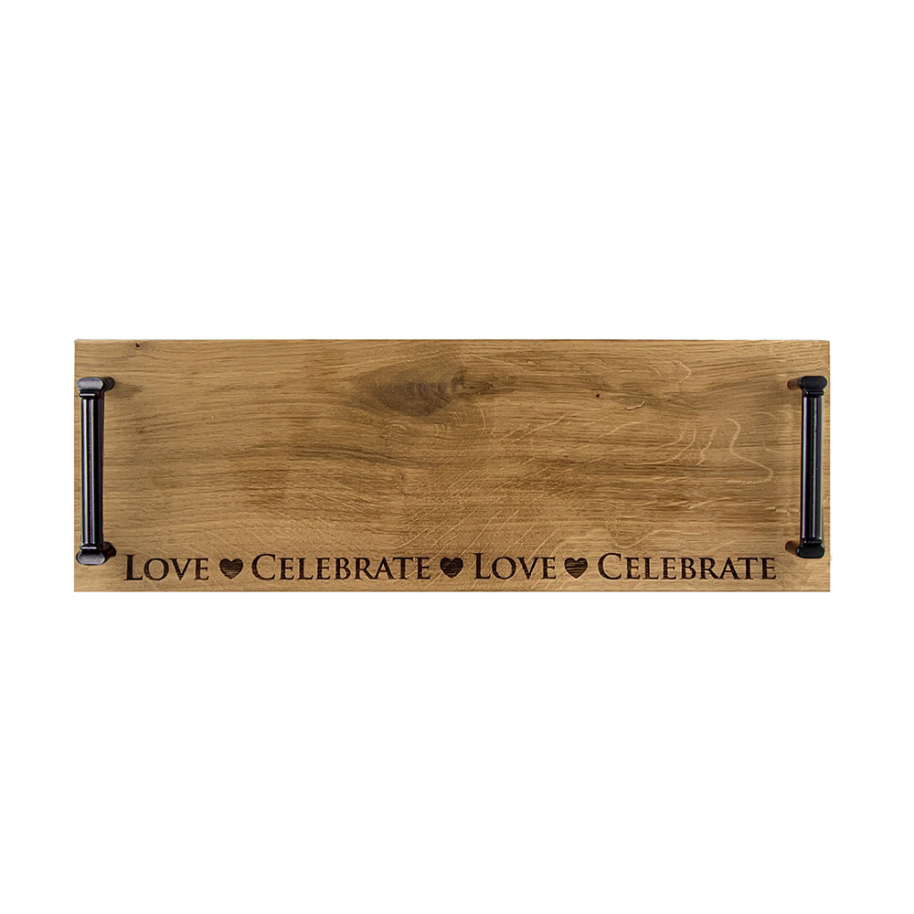Selbrae House Serving Tray with engraved 'Love' and 'Celebrate' design and sturdy metal handles