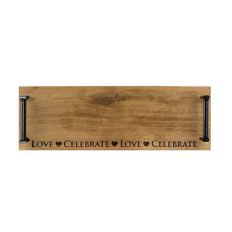 Selbrae House Serving Tray with engraved 'Love' and 'Celebrate' design and sturdy metal handles