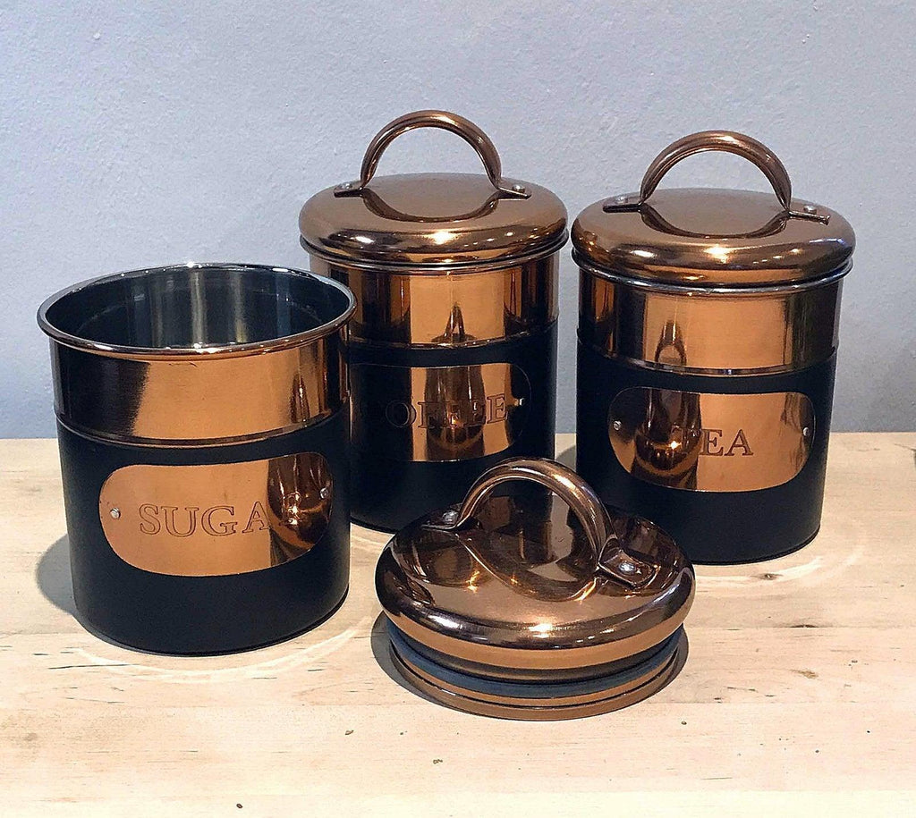 Set of 3 Black & Copper Tea, Sugar & Coffee Tins Geko Products