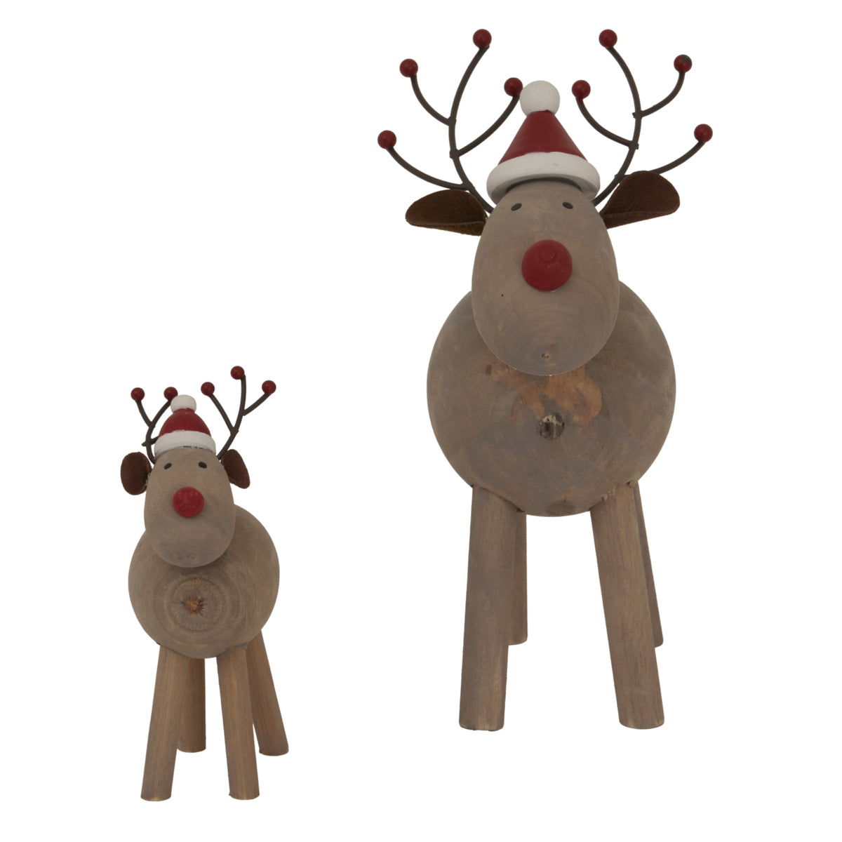 Rustic Rudolf Wooden Reindeer Figurines in Santa Hats for Festive Christmas Room Decorations