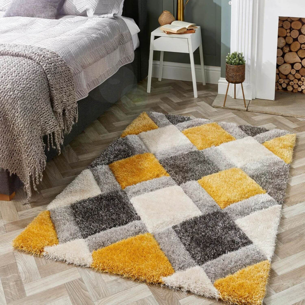 Colourful shaggy rug with yellow and grey squares, perfect for adding warmth to any room