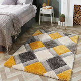 Colourful shaggy rug with yellow and grey squares, perfect for adding warmth to any room