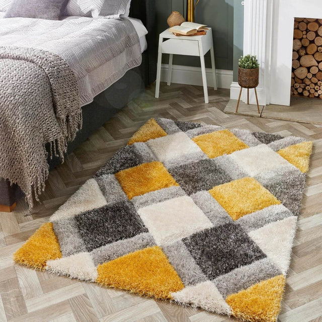 Colourful shaggy rug with yellow and grey squares, perfect for adding warmth to any room