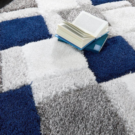 Stylish shaggy rug in blue, grey, and white with a soft texture, ideal for modern interiors