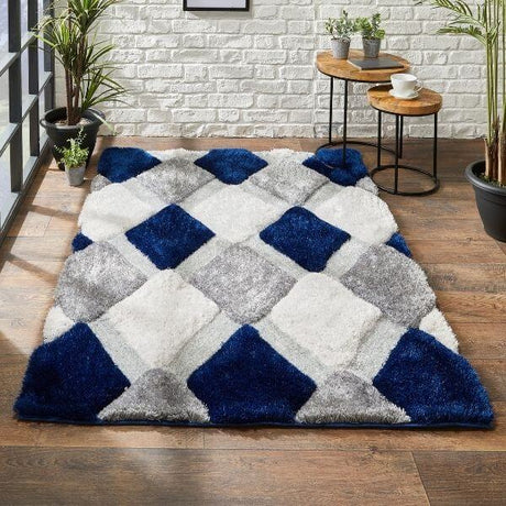 Stylish shaggy rug with blue and grey diamond pattern, perfect for modern living spaces