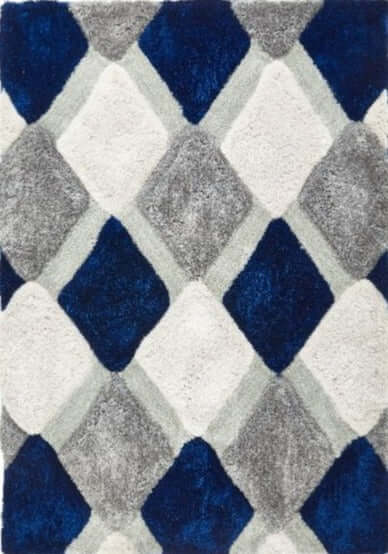 Modern Shaggy Rug with Geometric Pattern in Blue, Grey and White Shades for Stylish Interiors