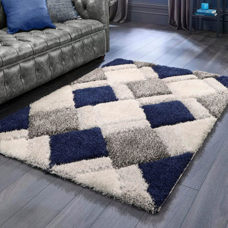 Stylish shaggy rug in geometric pattern of blue, grey, and white, perfect for modern living spaces