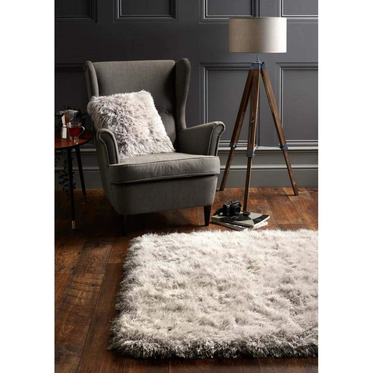 Soft Shaggy Rug in Grey with a Stylish Armchair and Floor Lamp in a Modern Living Room