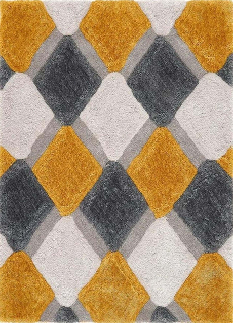 Colourful Shaggy Rug in geometric diamond pattern featuring grey, white and yellow hues