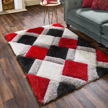 Stylish Shaggy Rug in Red, Black, and White Geometric Pattern for Modern Living Spaces
