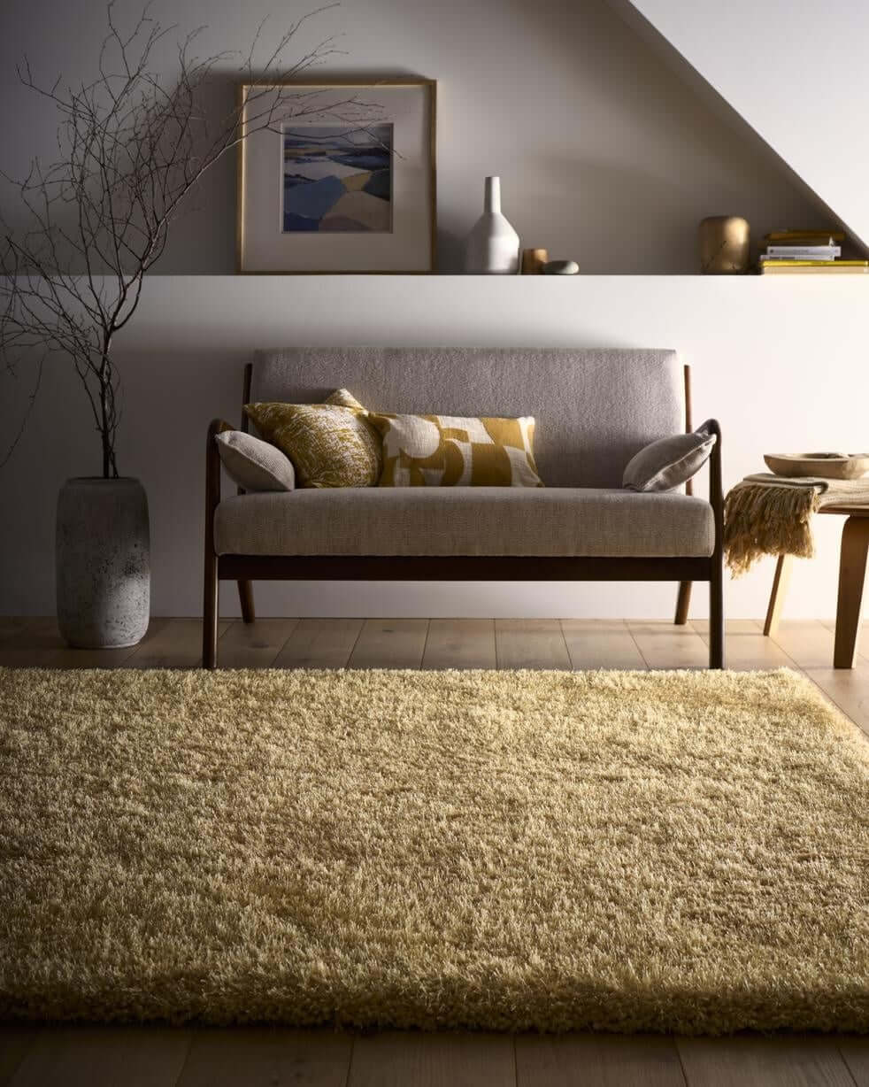 Soft and plush shaggy rug in neutral tones, enhancing the cosy living room decor