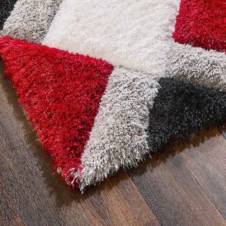 Colourful Shaggy Rug featuring red, grey and white geometric patterns for a stylish home decor