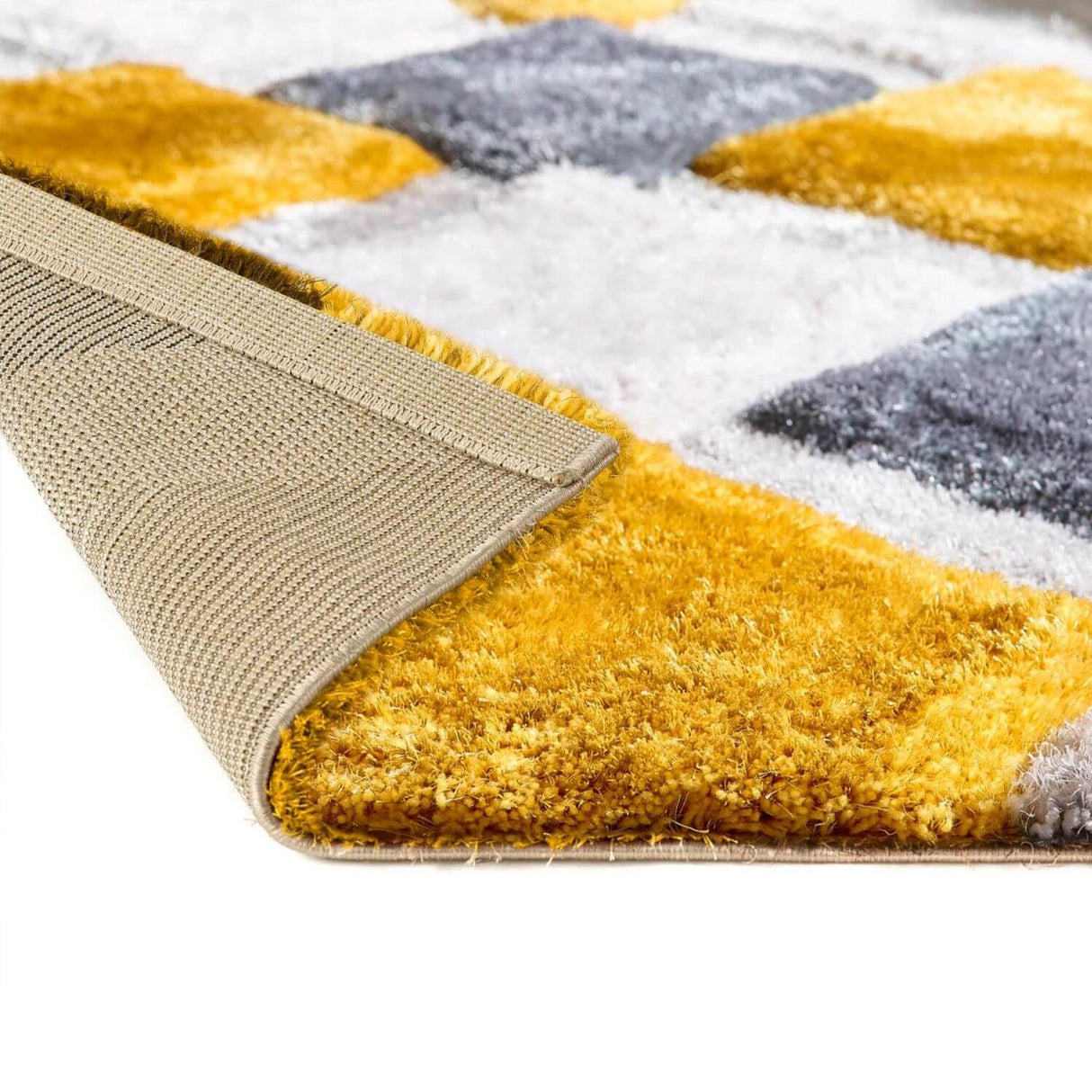 Soft Shaggy Rug with a Geometric Pattern in Gold, Grey and White, Ideal for Warm Interiors