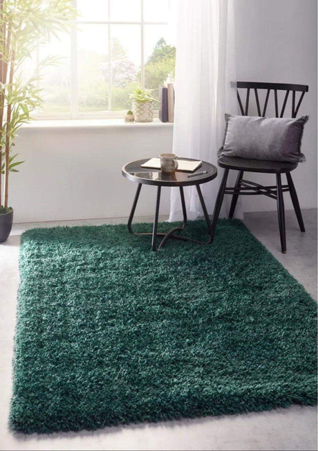 Green Shaggy Rug in a Modern Living Room Setting with a Chair and Side Table