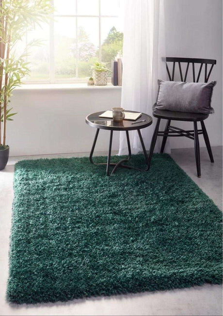 Green Shaggy Rug in a Modern Living Room Setting with a Chair and Side Table