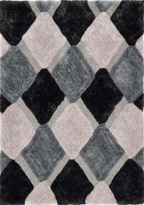 Stylish shaggy rug featuring a geometric diamond pattern in shades of grey and black
