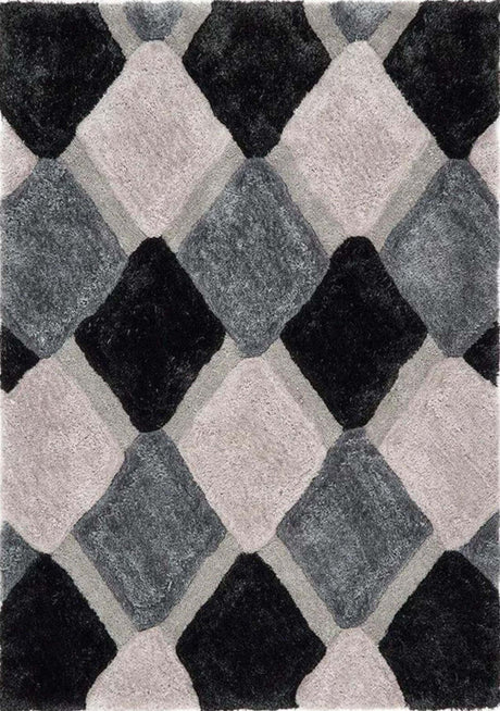 Stylish shaggy rug featuring a geometric diamond pattern in shades of grey and black