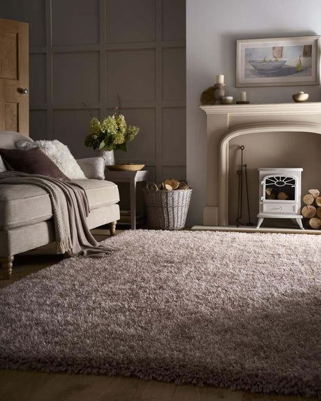 Plush Shaggy Rug in a cosy living room setting with a sofa and fireplace